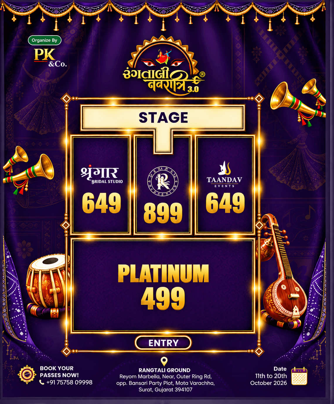 Rangtali 3.0 seating map: the stage, with Zone A, Zone B and Zone C in front of it, Gold behind them and Silver at the back. Rangtali Ground, in front of Capital Lawns, Mota Varachha, Surat.