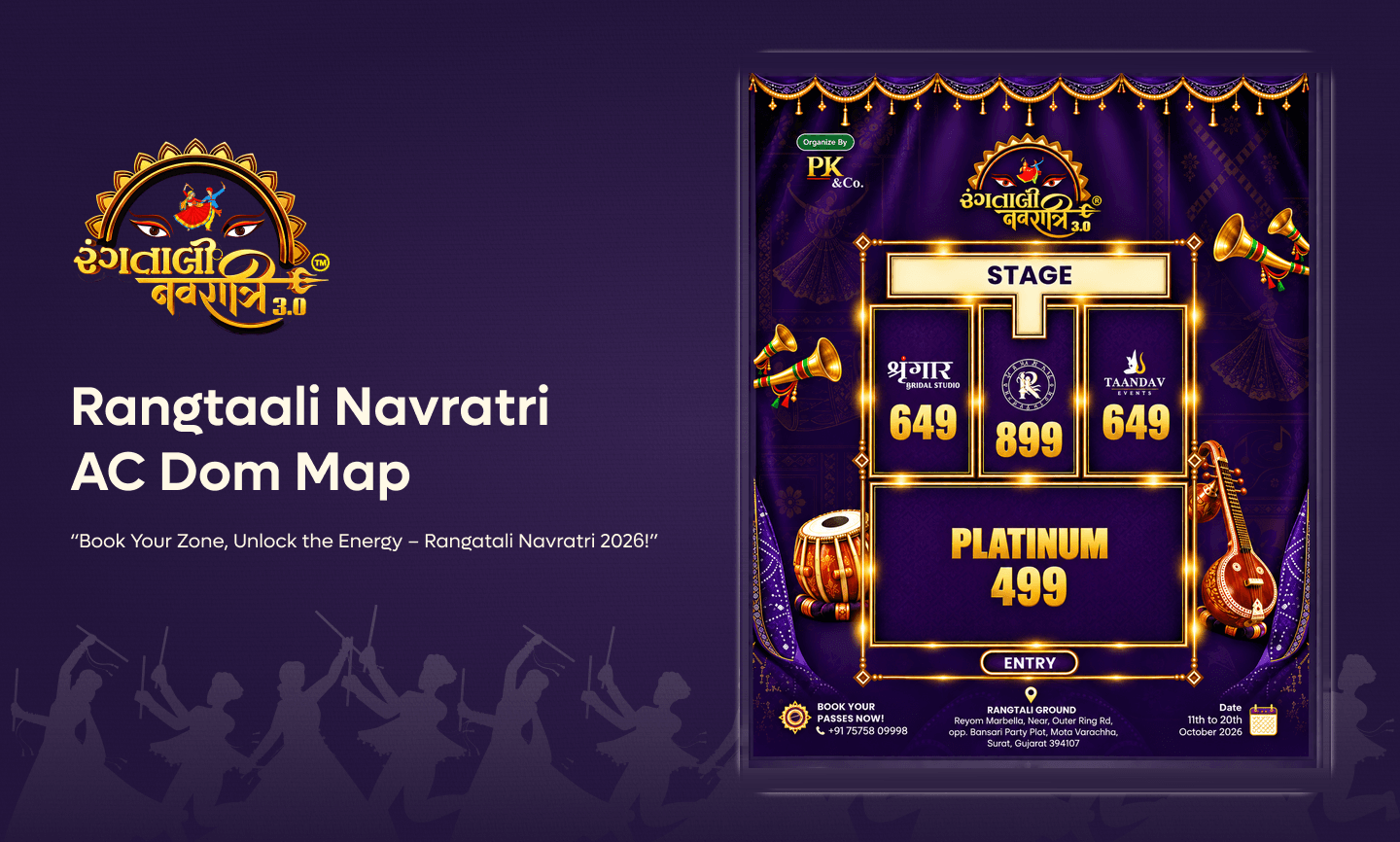 Rangtali 3.0 seating map: the stage, with Zone A, Zone B and Zone C in front of it, Gold behind them and Silver at the back. Rangtali Ground, in front of Capital Lawns, Mota Varachha, Surat.